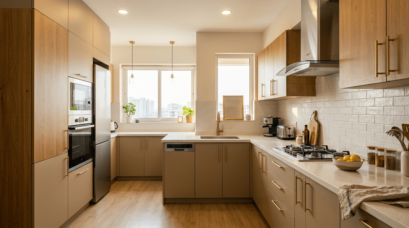 L-shaped modular kitchen with oak and beige cabinets, quartz countertop and brass handles