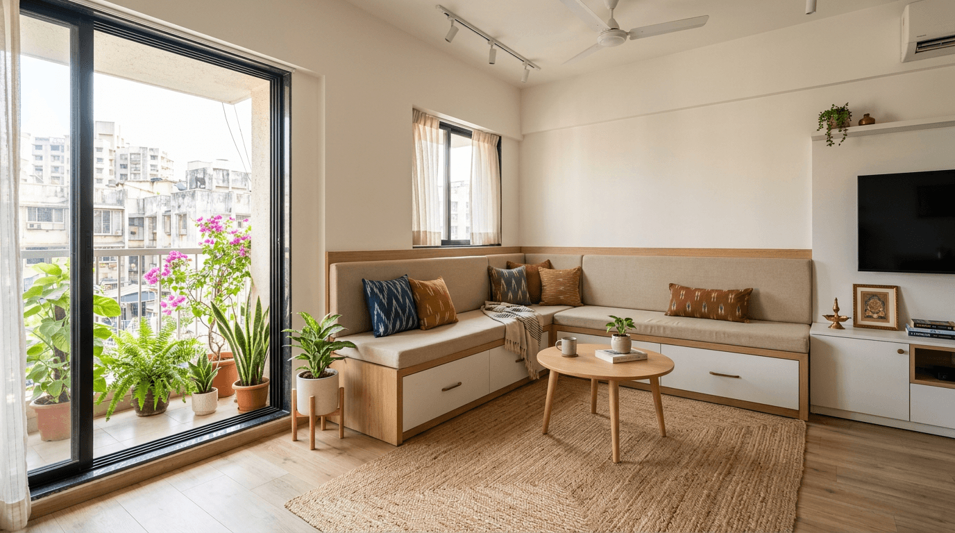 Bright compact living room with built-in bench seating and drawers, light oak and white finishes