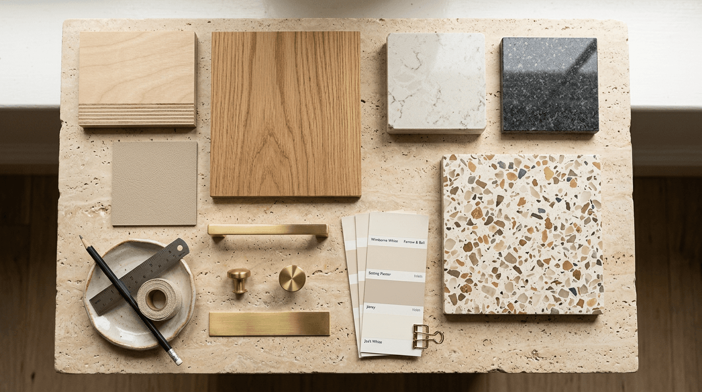 Material samples including plywood, laminate, quartz, terrazzo and brass hardware