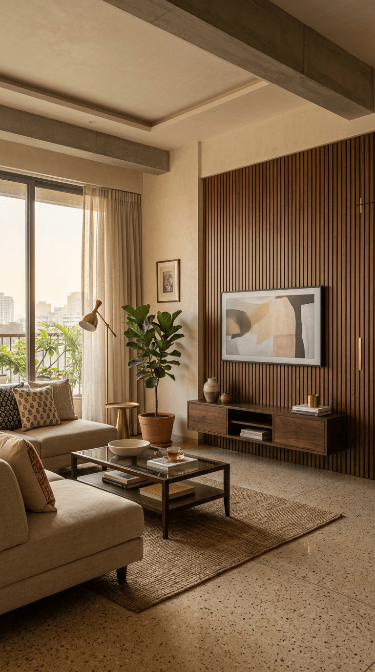 Warm contemporary Indian apartment living room with a walnut slatted wall concealing storage, beige sofa and brass floor lamp in soft daylight